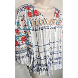 Savanna‎ Jane Embroidered Top Boho Peaseant Embroidered 3/4 Sleeve Small